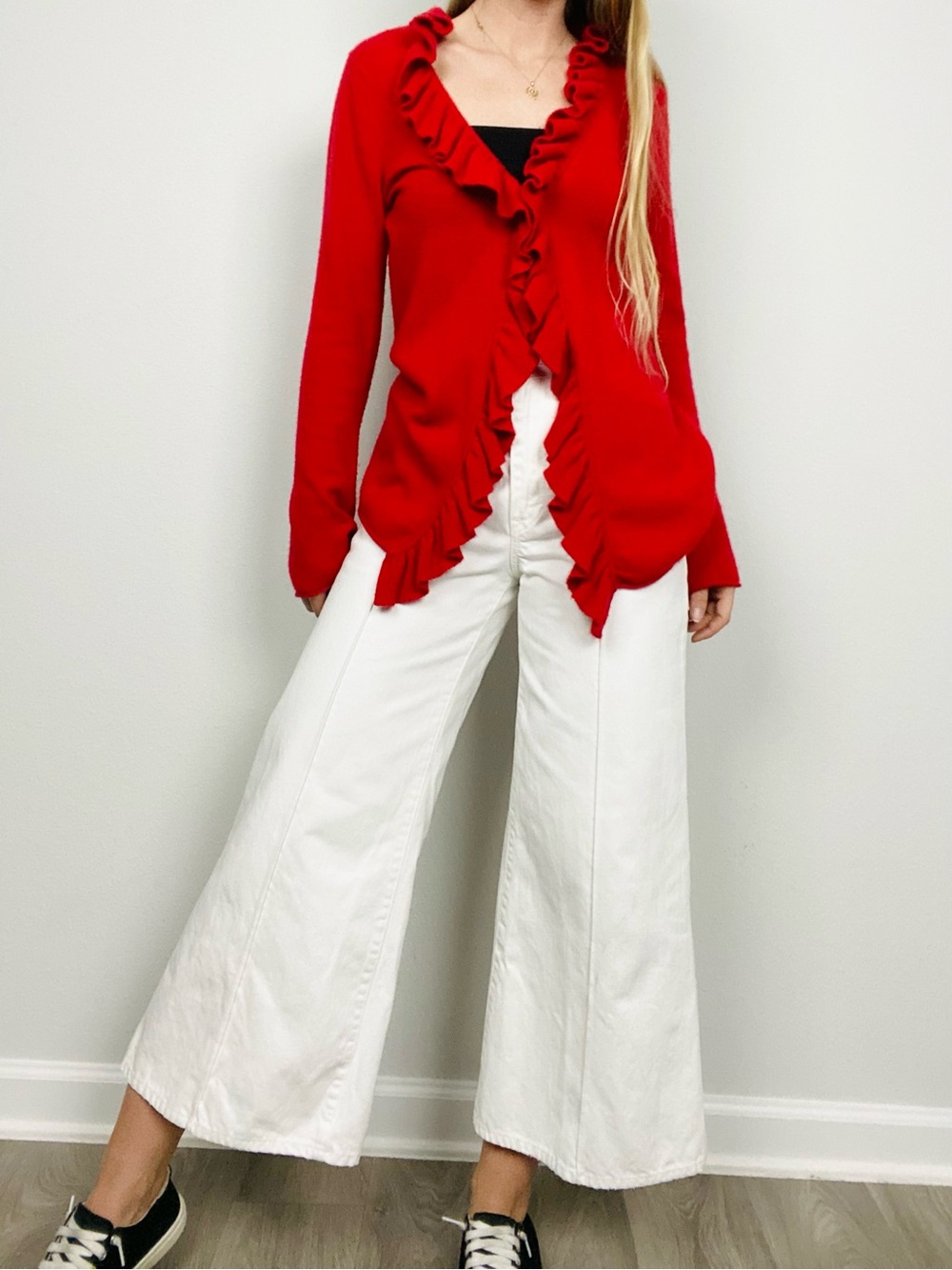 Magaschoni 100% Cashmere Red Ruffle Open Front Soft Drape Cardigan Sweater